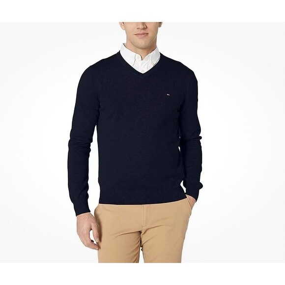 Tommy Hilfiger Mens Long Sleeve Cotton V-Neck Pullover Sweater Blue Size XXL NEW - Picture 1 of 11